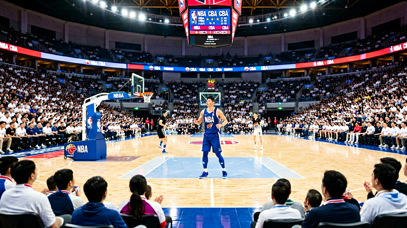篮球场馆内正在进行NBA和CBA赛事的现场全景